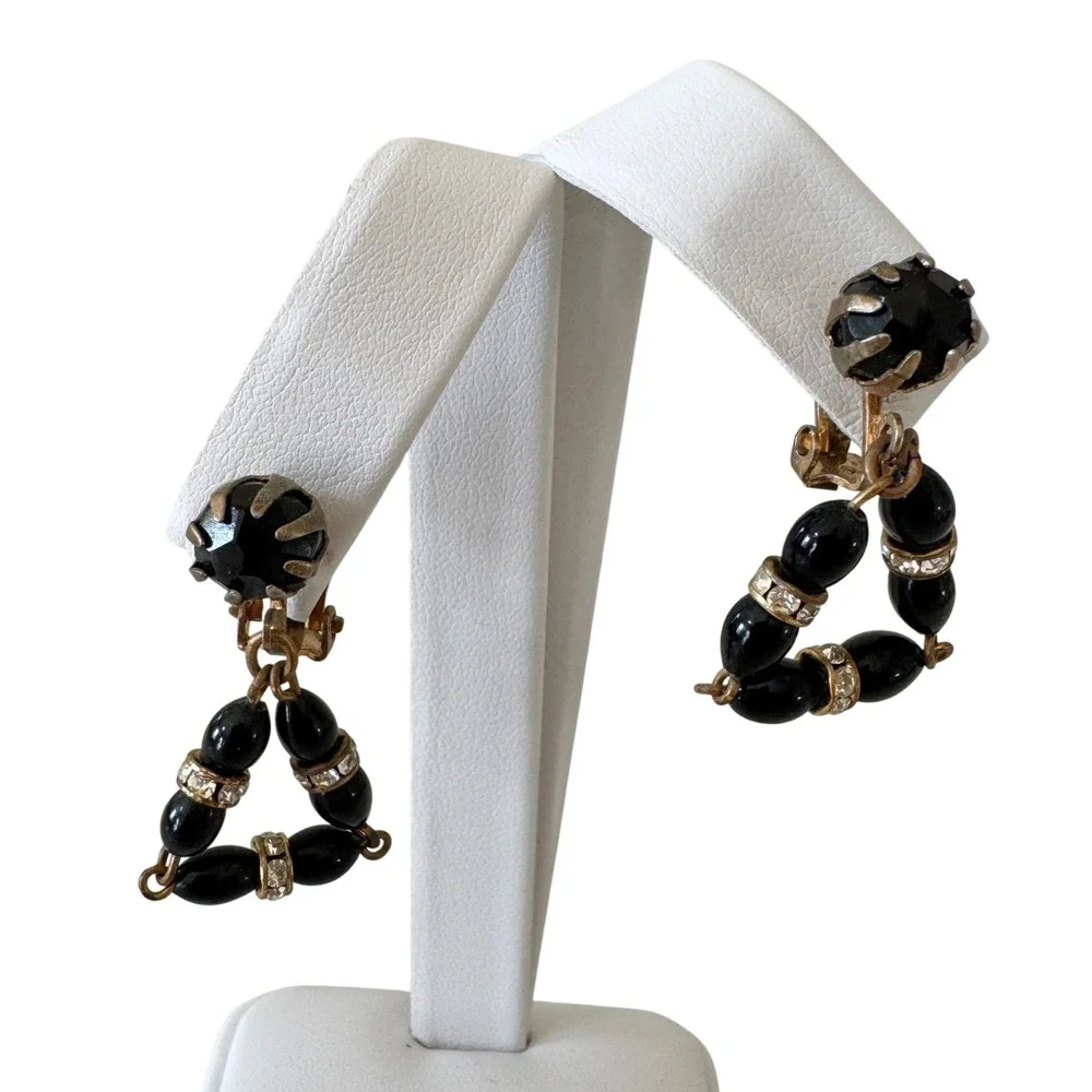 Vintage Black Bead Rhinestone Rondelle Triangle Dangling Statement Clip Earrings
